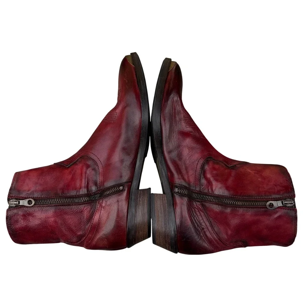 KBR Womens Italian Leather Ankle Cowgirl Boots 42 Burgundy Studded Metal Toe Cap